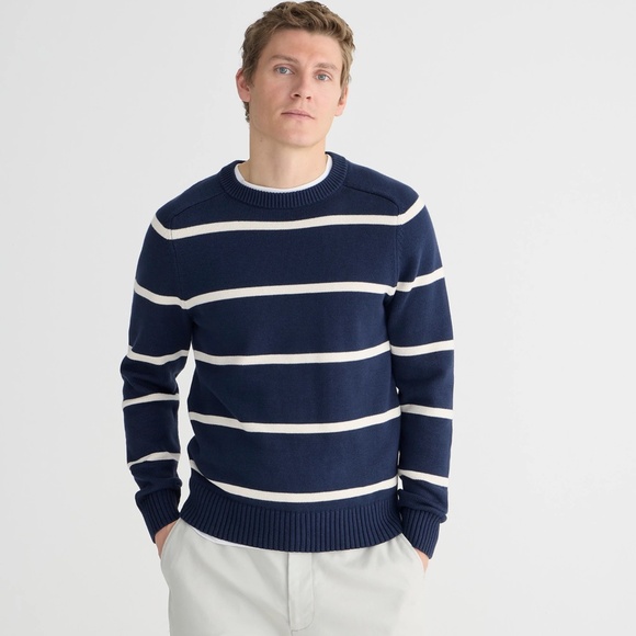 New J.CREW Mens Size S Heritage Cotton Crewneck Sweater White Navy Stripe BI842 - Picture 2 of 7